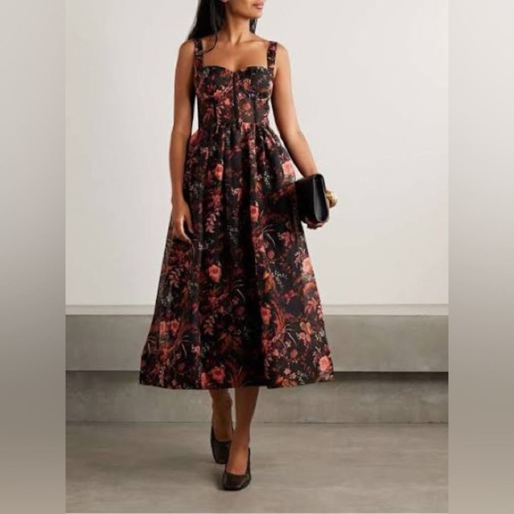 NEW Cara Cara Phoebe Floral Linen Silk Midi Bustier Dress Pindell Black US 4 UK8